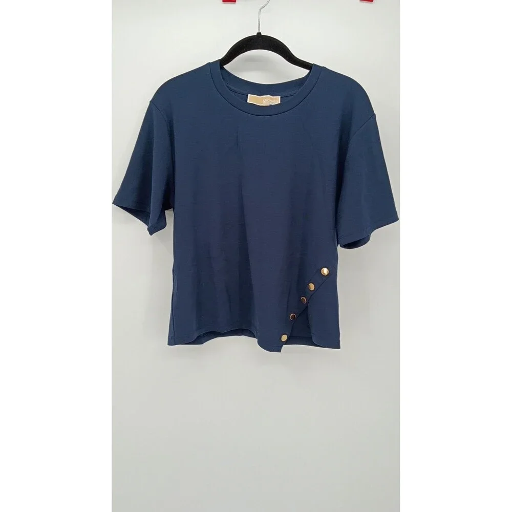 MICHAEL Michael Kors Navy Gold Button Detail Top M | Luxe Minimalist
